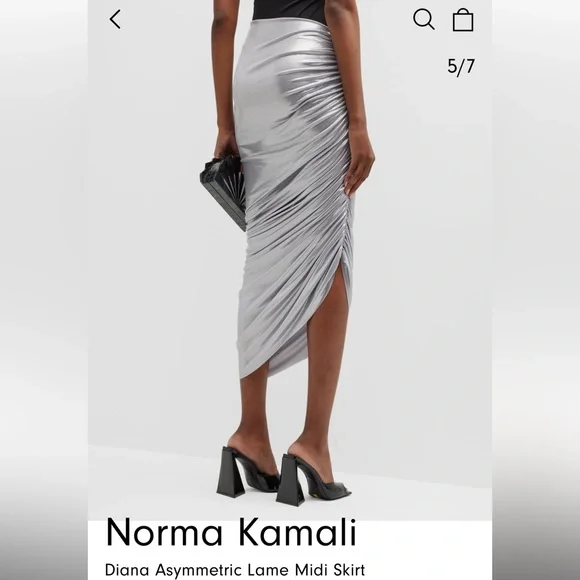 Norma Kamali NWT Diana shirred knee length skirt silver lame S. - Picture 4 of 6